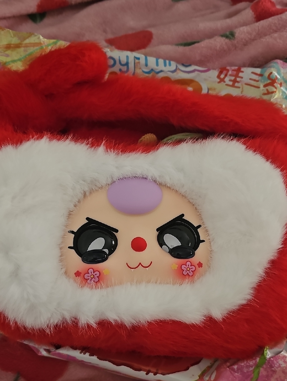 Baby 3 Red Plush Character  Bag with White Fur Face